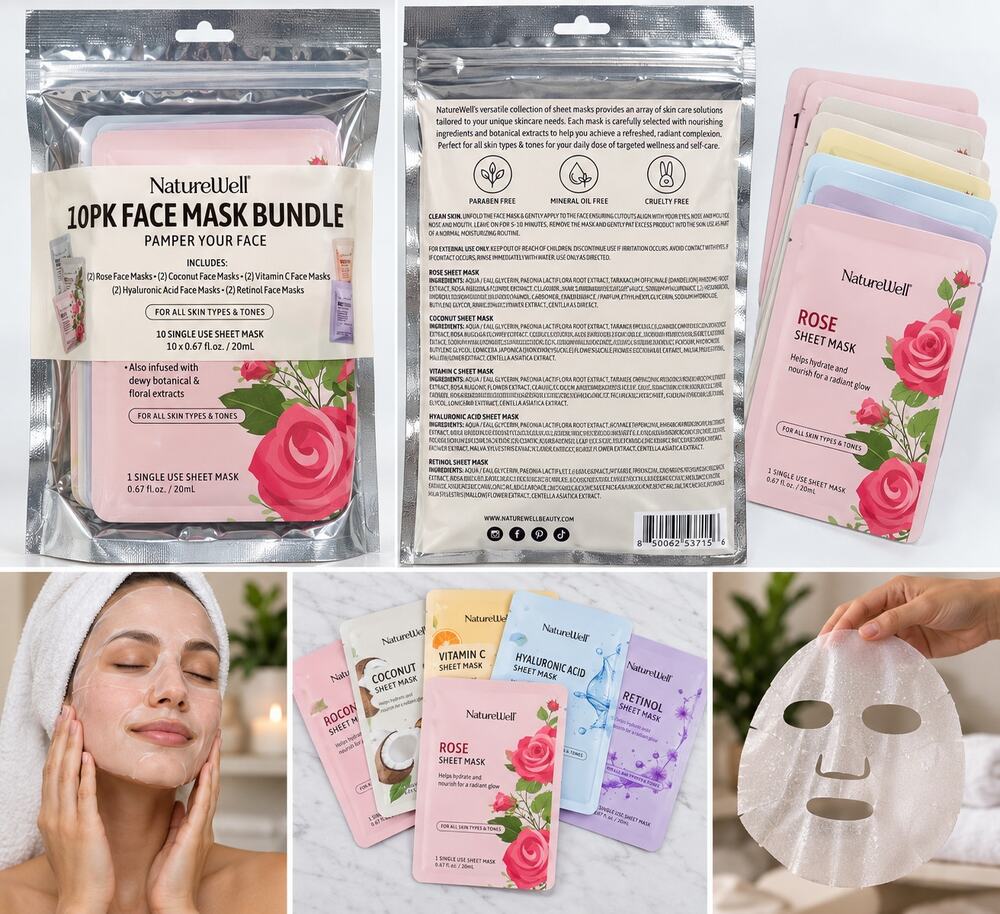 NatureWell 10-Pack Face Mask Bundle – Assorted Sheet Masks